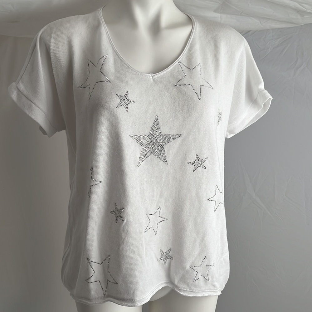 Venti6 white fuzzy glitter rock v-neck knit top L